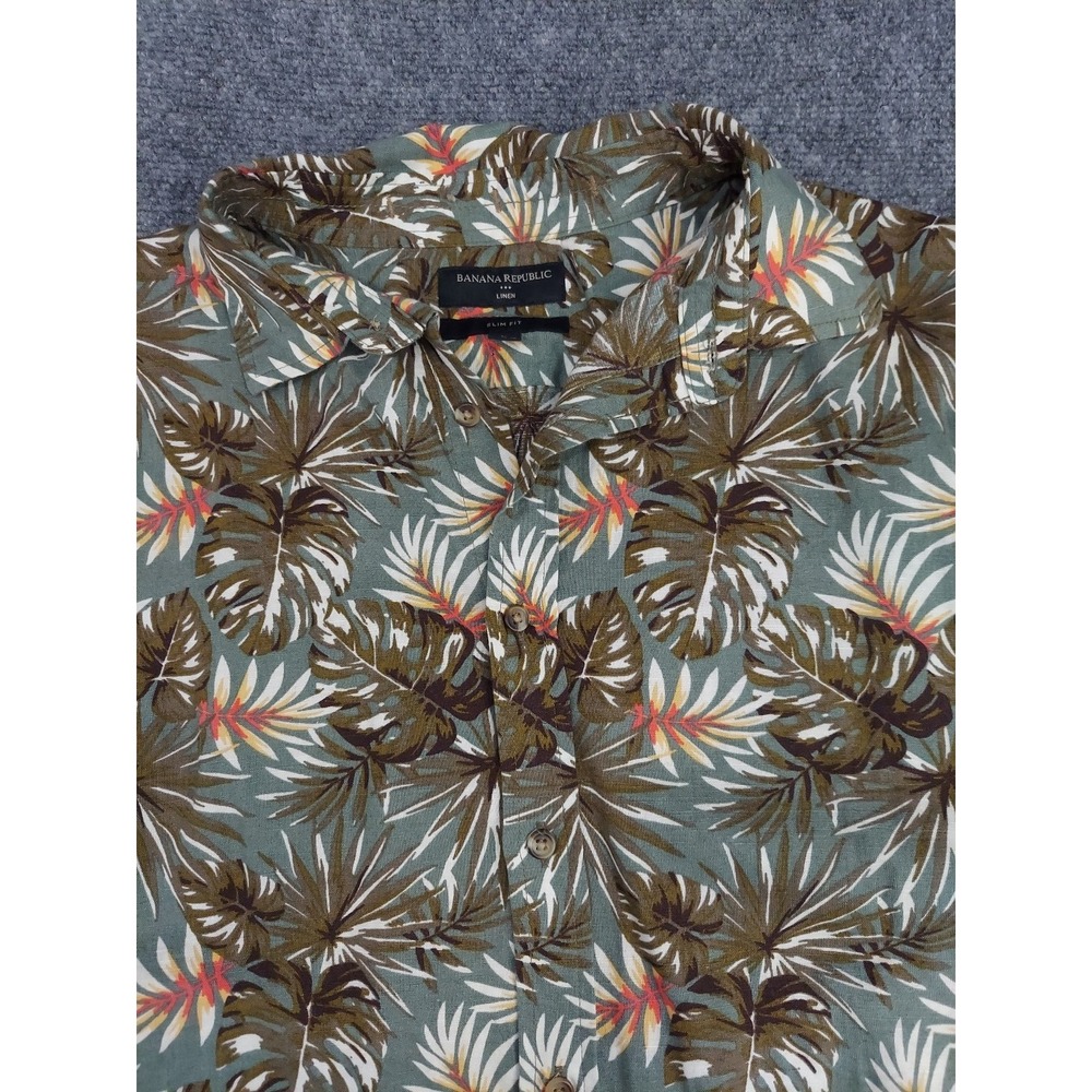 Banana Republic Linen Shirt‎ Mens Large Hawaiian Slim Fit Beach Safari Leaves